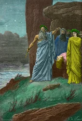 Ceremonie van een mensenoffer door de druïden in Gallië (gravure)