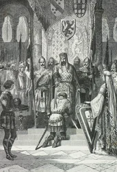 Ceremonie van het ridderschap door de koning van Frankrijk (gravure)