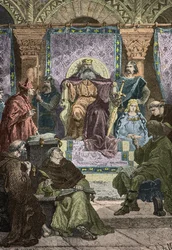 Karel de Grote zit de paleisacademie voor in aanwezigheid van Alcuin (gravure)