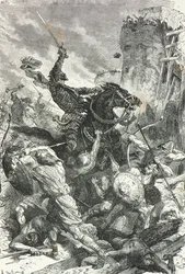 Graaf Eudes verdedigt Parijs tegen de invasie van Vikingen in 885 (gravure)