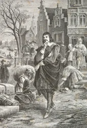 Descartes wandelend in Amsterdam (Gravure)