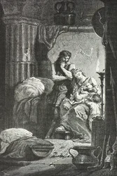 Eponine de Langres geeft het kind van Julius Sabinus borstvoeding in een grot (Gravure)