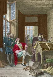 Francois 1er bezoekt de drukkerij van Robert Estienne (Gravure)