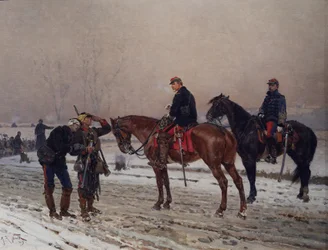 Generaal ondervraagt een mobiele bewaker die een gewonde officier ondersteunt, december 1870