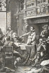 Jean Guiton zweert La Rochelle te verdedigen tijdens het beleg van 1628 (gravure)