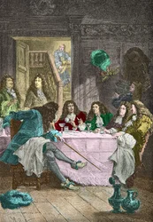 Jean de La Fontaine, Nicolas Boileau Despreaux, Moliere en Racine dineren in een cabaret (Gravure)