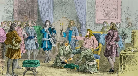 De opkomst van Lodewijk 14 in aanwezigheid van de hovelingen (Gravure)