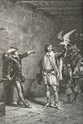 Louis 13 op zestienjarige leeftijd met zijn favoriet, de Duc de Luynes (Gravure)