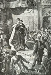 Maria Theresia van Oostenrijk met de toekomstige Jozef 2 voor de Hongaarse Magnaten