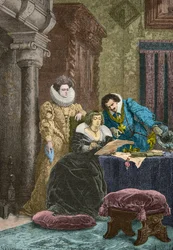 Marie de Medici onder invloed van Concino Concini en Leonora Dori (Gravure)