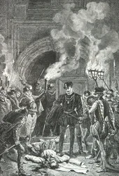 Massacre de la Saint Barthelemy, de Duc de Guise duwt het lijk van Gaspard de Coligny met zijn voet (Gravure)