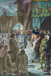 Philippa van Henegouwen smeekt Edward 3 van Engeland om de burgers van Calais te sparen in 1347 (gravure)