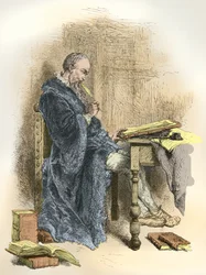 Portret van Clement Marot aan zijn bureau (Gravure)