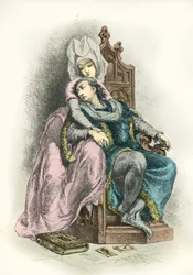 Portret van Koning Karel 6 dit le bien aime met Odette de Champdivers (Gravure)