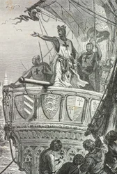 Richard Leeuwenhart verlaat het Heilige Land in 1192 (gravure)
