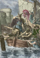 Rollons Vikingboten voor de muren van Parijs in 886 (gravure)