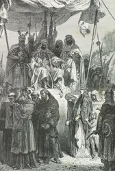 Saladin ziet de christenen Jeruzalem verlaten in 1187 (gravure)