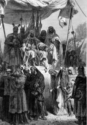 De christenen van Jeruzalem vertrekken voor Saladin (1138-1193) na de verovering van de stad in 1187. Gravure van Neuville 1879