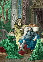 De Duc de La Rochefoucauld in gesprek met Madame de Sevigne en Madame de La Fayette (Gravure)