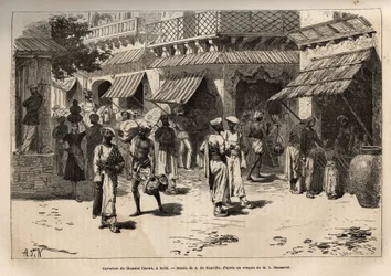 Het kruispunt van Chandni chowk, de straat van goudwormen, de belangrijkste verkeersader van commerciële en ambachtelijke activiteiten, die Dehli doorkruist van de grote poort van het paleis tot de poort van Lahore, gravure naar de tekening van A. de Neuvi