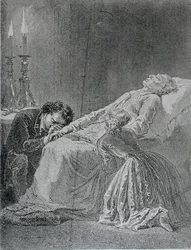 De dood van Jean Valjean, illustratie uit Les Miserables door Victor Hugo (1802-85)