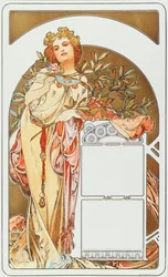 Reclameaffiche van Alphonse Mucha (1860-1939) voor de kalender 1898 - Afmetingen 31x51 cm. Reclameaffiche van Alphonse Mucha voor een kalender, 1898 - Privécollectie