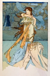 Illustratie door Alphonse Mucha uit "Rama" een gedicht in drie bedrijven door Paul Verola. ca.1898. Mucha (1860 – 1939). was een Tsjechische Art Nouveau schilder