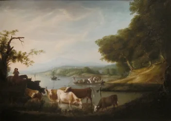 Een kalme drinkplaats--Extensief en grenzeloos landschap met vee