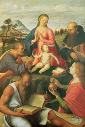 Madonna en Kind met HH. Petrus, Hiëronymus en Maria Magdalena met een Bisschop, 1500