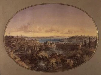 Uitzicht op Constantinopel vanaf Galata richting de Gouden Hoorn en de Bosporus