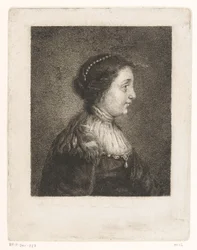 Borstbeeld van een vrouw met parels in het haar
