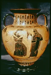 Attische zwartfigurige amphora met een Dionysische scène