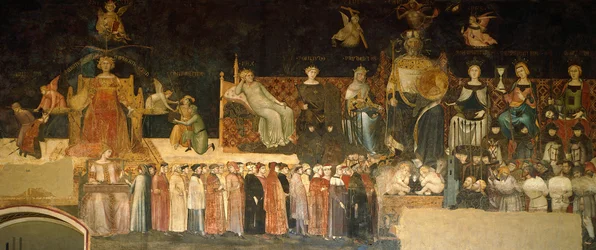 Allegorie van het Goede Bestuur, detail uit Allegorie en gevolgen van goed en slecht bestuur in stad en land door Ambrogio Lorenzetti (actief 1285-1348), fresco, Vredeszaal, Palazzo Pubblico, Siena