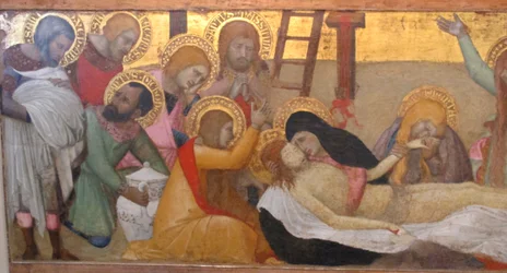 Ambrogio lorenzetti, madonna met kind en heiligen m. maddalena en marta, compianto, 02