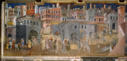 Gevolgen van goed bestuur in de stad. Frescocyclus De allegorie van goed en slecht bestuur, 1338-1339