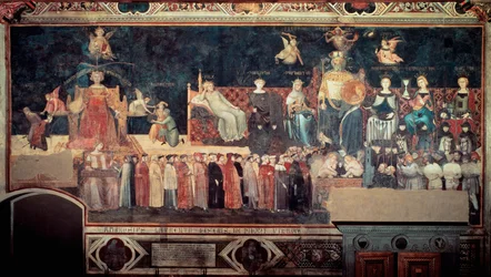 Gevolgen van goed en slecht bestuur voor de stad en het platteland (Allegoria del buon e del cattivo governo): detail met de voorstelling van goed bestuur (allegorieën van Vrede, Grootmoedigheid, Voorzichtigheid, Gematigdheid, Rechtvaardigheid). Fresco
