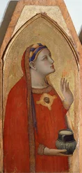 Maria Magdalena, detail van drieluik met Madonna en Kind met Maria Magdalena en Sint Dorothea door Ambrogio Lorenzetti (1290-ca 1348)