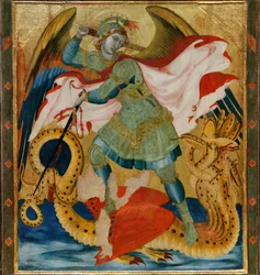 Sint Michaël de aartsengel die de draak doodt tussen de heiligen Benedictus en Bartholomeus