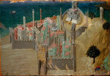 Uitzicht op een versterkte stad bij de zee (detail)