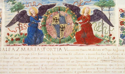 Engelen met een schild met een Sforza wapen, miniatuur door Ambrogio Bergognone uit een manuscript, Italië 1477