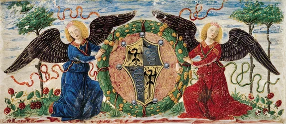 Engelen houden schild met Sforza-wapen, Bourgondisch geminiaturiseerd perkament