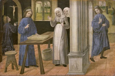 Het Gebed, Het Wonder van de Zeef en het Vertrek naar Subiaco, predellapaneel van een altaarstuk met Scènes uit het Leven van St. Benedictus, 1488-95