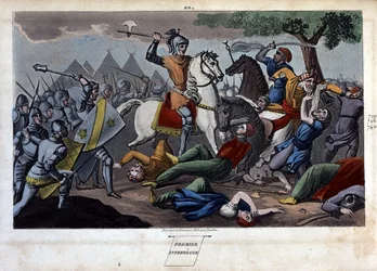 Slag bij Poitiers: Karel Martel verslaat tussen Tours en Poitiers Abd al-Rahman I of Abderamane I (Abd al-Rahman) (731-788), koning van de Saracenen in 732 - Ontworpen en gegraveerd door Ambrose Tardieu in 1825