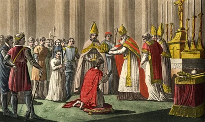 Karel de Grote (742-814) gekroond door paus Leo III (ca. 750-816) in de Sint-Pietersbasiliek in Rome op 25 december 800 - Heiliging (Kroning) van Karel de Grote (742 - 814) in 800 door paus Leo III. Ontworpen en gegraveerd door Ambroise Tardieu in 1825.