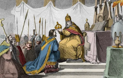 Karel de Grote (742-814) gekroond door Paus Leo III (c750-816) in de Sint-Pietersbasiliek in Rome op 25 december 800 - Kroning van Karel de Grote in 800 door Paus Leo III - Gravure uit 1825 in 