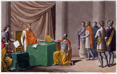 Karel II de Kale (823 - 877) ondertekende het Verdrag van Verdun (843) met Lodewijk II de Duitser (804 - 876). Ontworpen en gegraveerd door Ambroise Tardieu in 1825