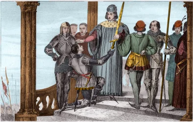 Karel V (1358-80) de Wijze presenteert zijn zwaard aan Duguesdin - Gravure 1825 in 