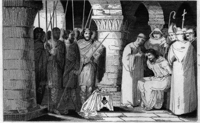 Childeric III (714-751) wordt afgezet en opgesloten in een klooster - Childeric III afgezet en opgesloten door Pepijn de Korte in een klooster in Saint Omer tussen 742-749 - Gravure uit 1825 in 