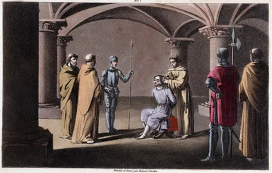 Childerik III onttroont en opgesloten door Pepijn de Korte in een klooster in Saint Omer tussen 742 en 749. Ontworpen en gegraveerd door Ambroise Tardieu in 1825