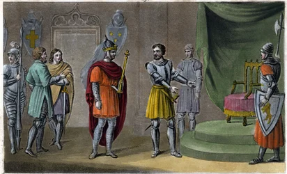 Chilperik II (670 - 721) werd in 715 door Rainfroi op de troon geplaatst. Ontworpen en gegraveerd door Ambroise Tardieu in 1825